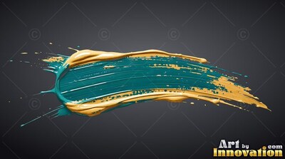 Sweeping horizontally over a dark gray space, a teal and golden paint stroke