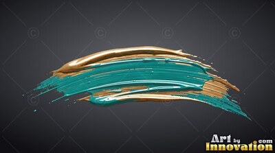 A thick stroke of shiny teal and gold paint curves across a dark backdrop