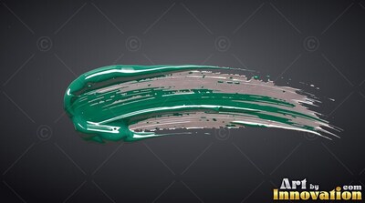 Against a dark gray backdrop, a thick teal and silver paint streak stretches across