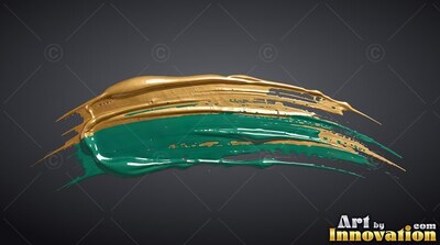 Sweeping across a dark surface, a thick stroke of teal and gold paint glints with wet ridges