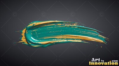 Thick stroke of wet teal and gold paint on a dark background