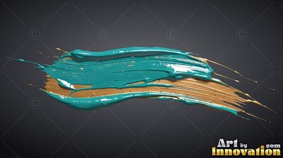 Glossy ridges layer across a thick stroke of teal and gold paint on a dark gray field