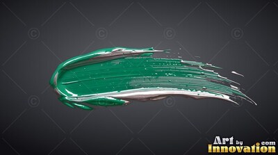 A sweep of teal paint flows horizontally, lined with glossy silver highlights