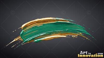 Curved horizontally on top of dark gray space, thick teal and golden paint curves