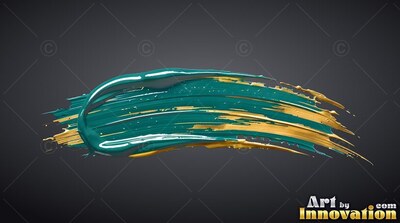A thick brushstroke of wet teal and gold paint against dark gray