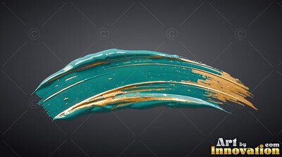 On a dark gray backdrop, a rich teal paint stroke curves with gold streaks