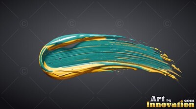 Thick ridges of yellow and teal paint curve across a smooth gray background