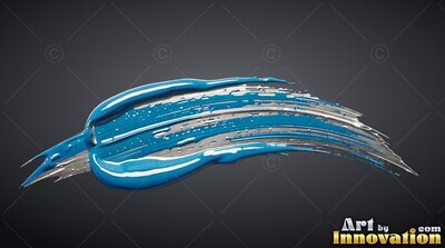 A thick blue paint stroke curves across gray with bright silver highlights