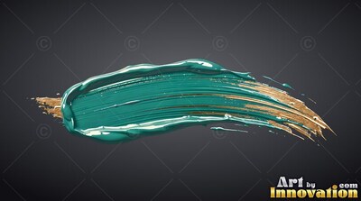Sweeping horizontally over dark gray backdrop, a rich teal paint mixed with gold stroke