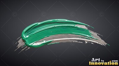 A curved swipe of thick teal and silver paint across a deep gray background