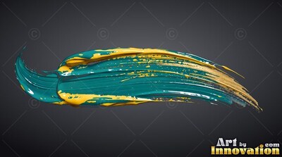 On a dark gray background, a thick stroke of teal and yellow paint stretches across