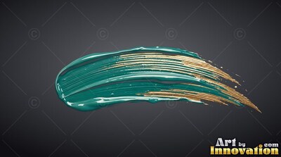 Sweeping across a dark background, a wet teal paint stroke is layered with gold