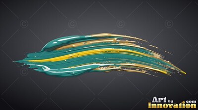 A thick teal brushstroke spreads across a black background, layered with bright yellow paint