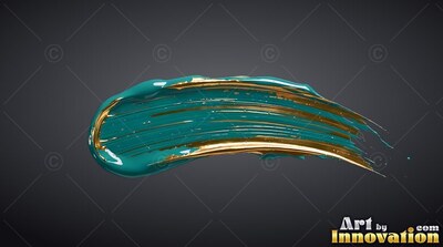 Curving horizontally over dark gray backdrop, a thick teal paint mixed with gold stroke