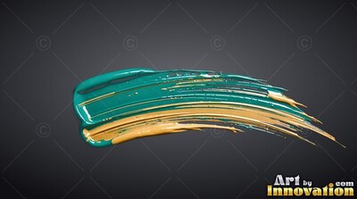 On a dark slate background, a thick stroke of wet teal and gold paint runs across