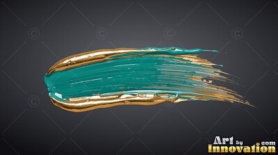 Sweeping across dark gray, a wet brushstroke of teal paint is edged with metallic gold