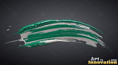 A curved teal and silver brush stroke over a gray background