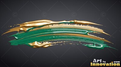 Thick ridges of glossy green and gold paint sweep across a plain dark gray surface