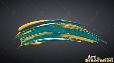 Thick teal and yellow paint spreads across dark gray with glossy ridges