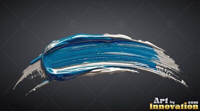 Curving horizontally over a dark gray backdrop, blue and silver paint stroke