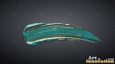 A thick stroke of teal paint with shiny gold ridges on dark slate background