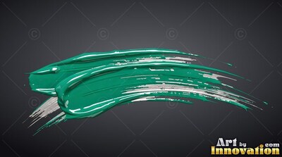 On a dark background, a heavy teal paint stroke sweeps over silver lines