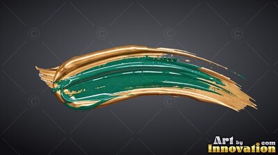 Curving across dark gray, a thick brushstroke blends green and gold paint
