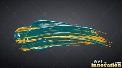 Teal and yellow thick paint brushstroke across a dark background