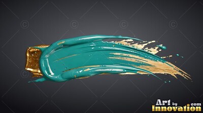 Wet ridged teal paint spreads over metallic gold strokes against a dark gray background