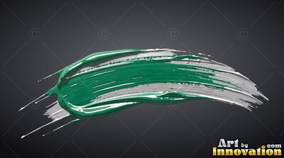 A thick streak of green and white paint curves across a dark surface with glossy wet ridges