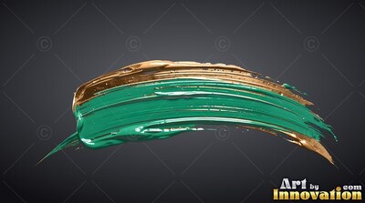 Curving horizontally on dark gray, a thick sweep of teal paint is edged in gold