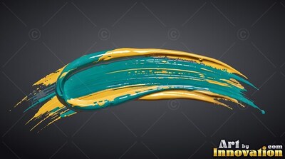 A thick swipe of glossy teal and yellow paint curls across a deep gray background