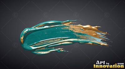 On a dark slate background, a heavy teal paint stroke sweeps with wet gold