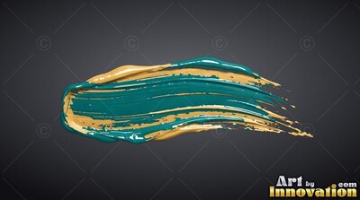 Wet bristle ridges in a thick swipe of wet teal and gold paint on a dark gray surface