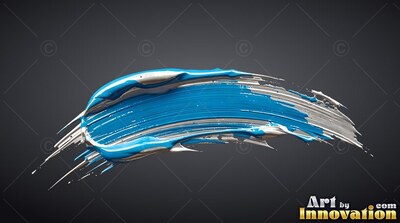 A thick paint stroke curves over a plain dark gray background in glossy blue and silver