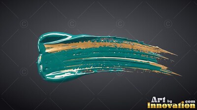 Sweeping horizontally across a dark gray space, a teal paint smear with gold ridges