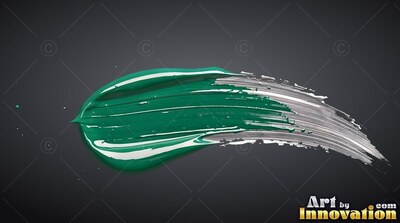 A thick streak of glossy green and white paint curves over a dark gray backdrop