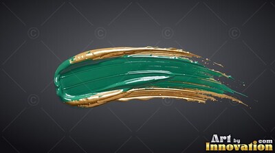 On a dark gray backdrop, a wet teal paint stroke is edged in shiny gold