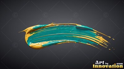 Curving across a dark gray backdrop, a thick stroke of teal and yellow paint spreads sideways
