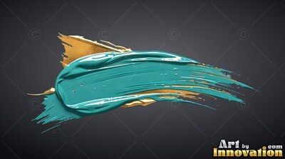 Rich stroke of teal paint over shiny gold paint on gray