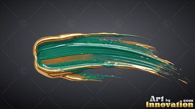 Wet teal paint stretches across a dark backdrop, edged in bright metallic gold