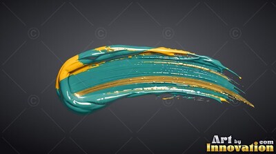 Curving horizontally against a dark background, a thick teal and yellow paint stroke