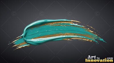 A thick stroke of teal paint with shiny gold edges rests over dark gray