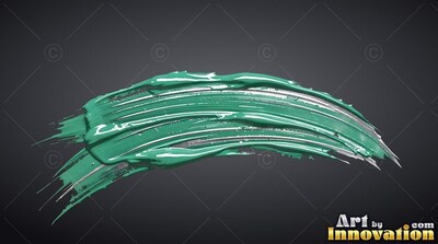 On a dark gray background, an arched brush stroke curves in thick teal and silver paint