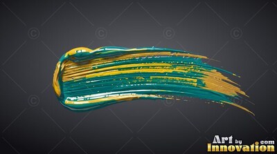 Sweeping across dark gray, a thick stroke of ridged teal and yellow paint curls to one side