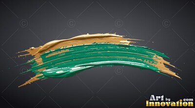 Thick green paint curves in a curve, bordered by glossy ridges of gold
