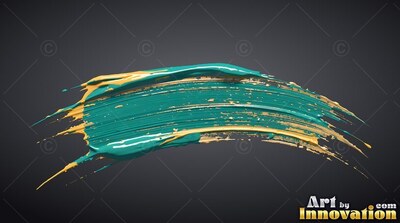 Curving upward against dark gray, a thick teal and gold paint stroke