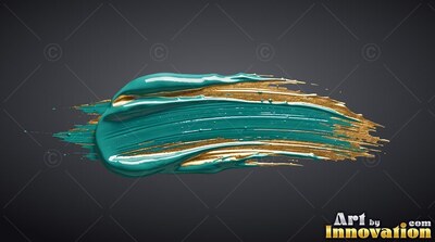A thick brushstroke of gold and teal paint across a dark gray backdrop