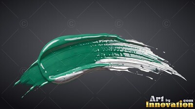 On a dark gray background, a thick sweep of glossy teal and silver paint curves