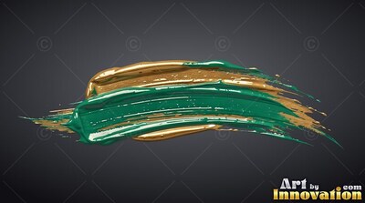 Sweeping across dark gray, thick green and gold paint blends in a wet brushstroke